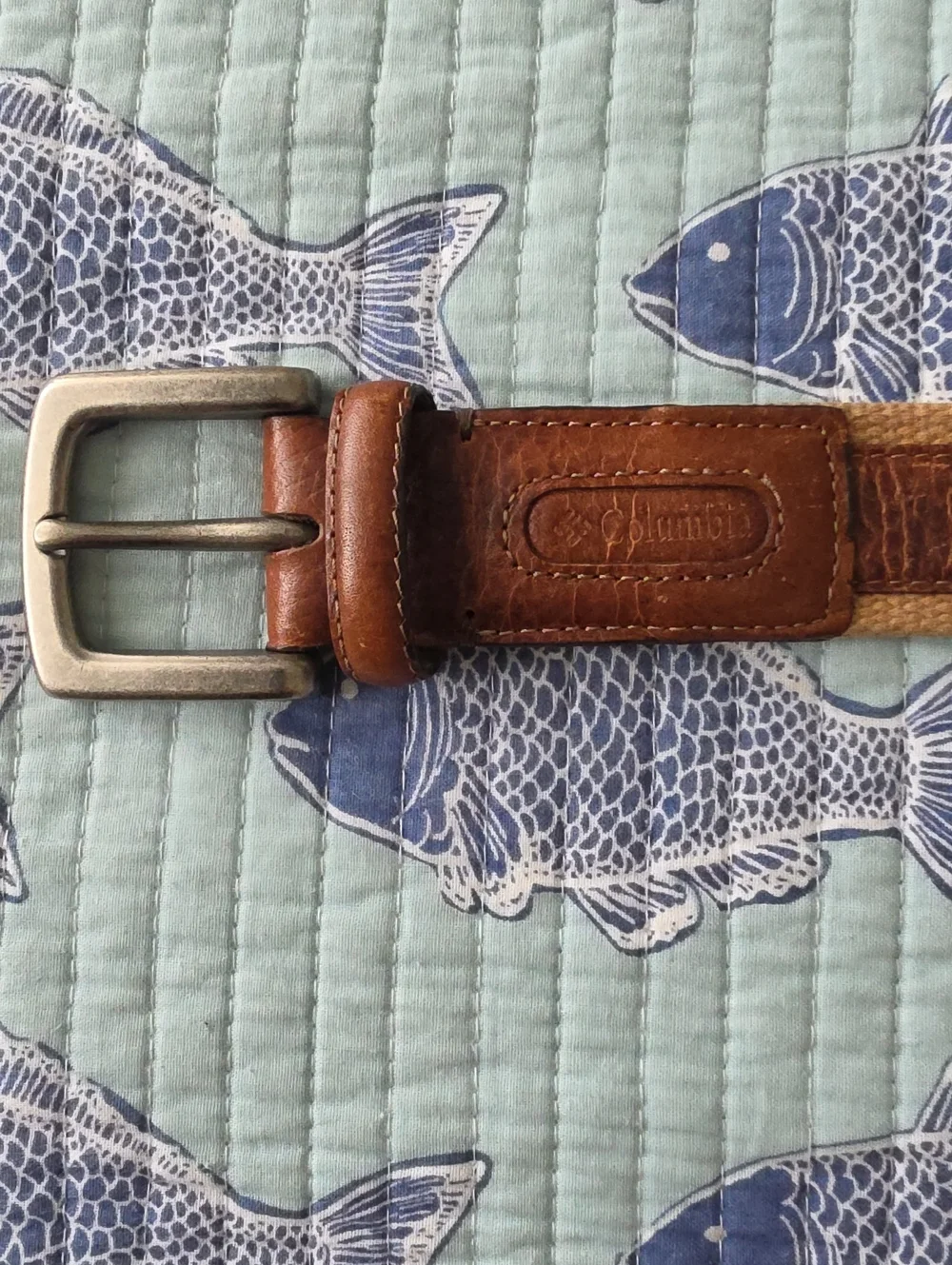 Columbia Men's Brown Leather & Tan Webbing Belt